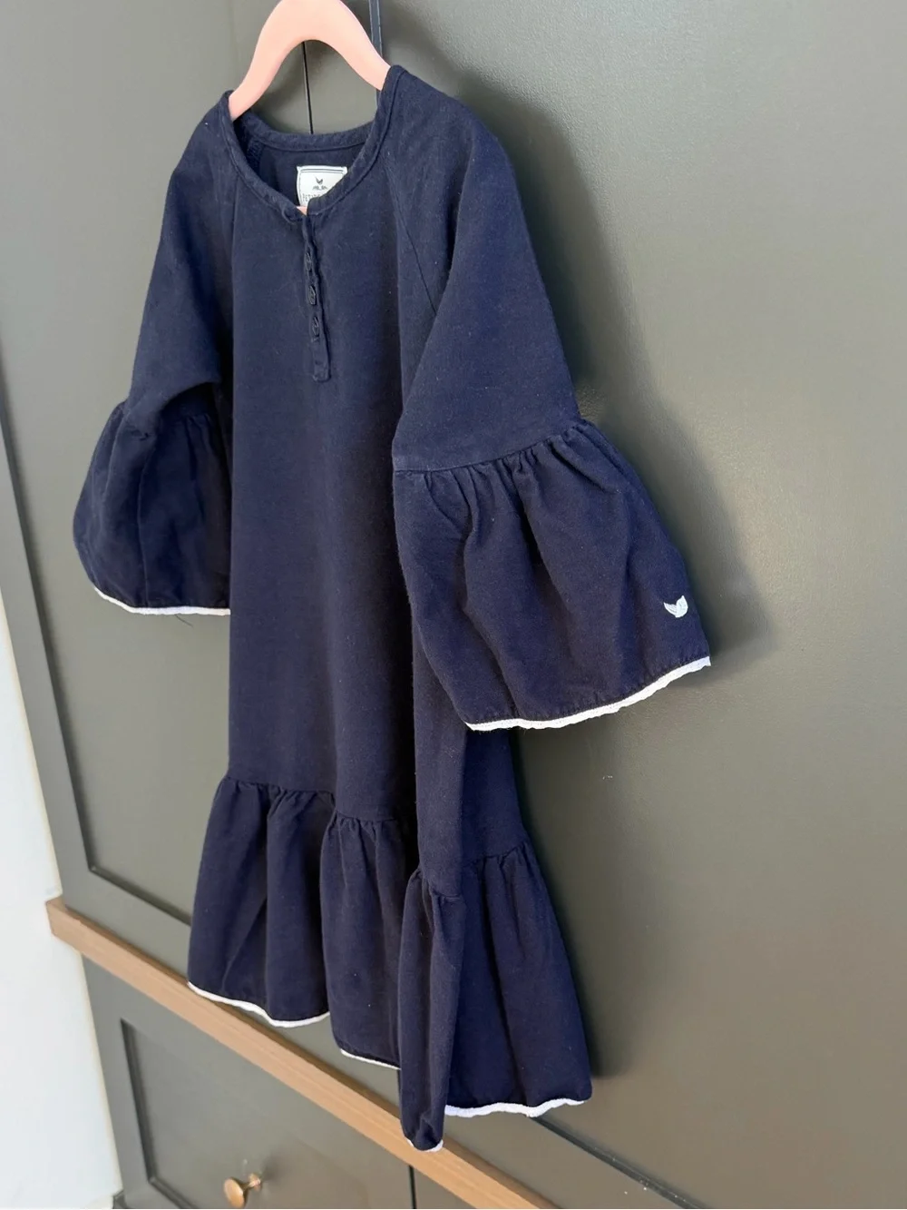 Petite Plume Flannel Arabella Navy Bell-Sleeve Ruffle nightgown dress | 3